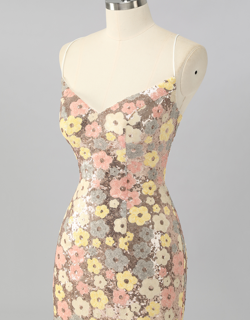 Sparkly Yellow Sequin Floral Backless Short Tight Homecoming Dress