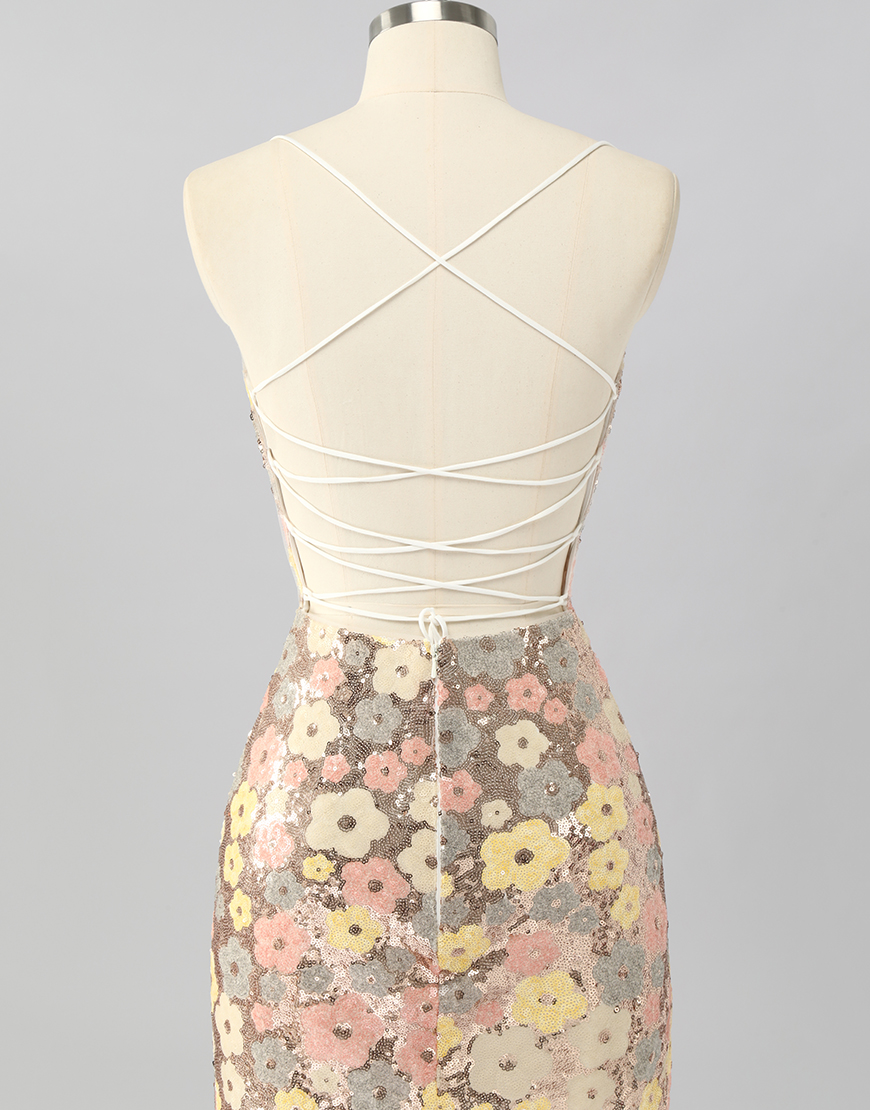 Sparkly Yellow Sequin Floral Backless Short Tight Homecoming Dress