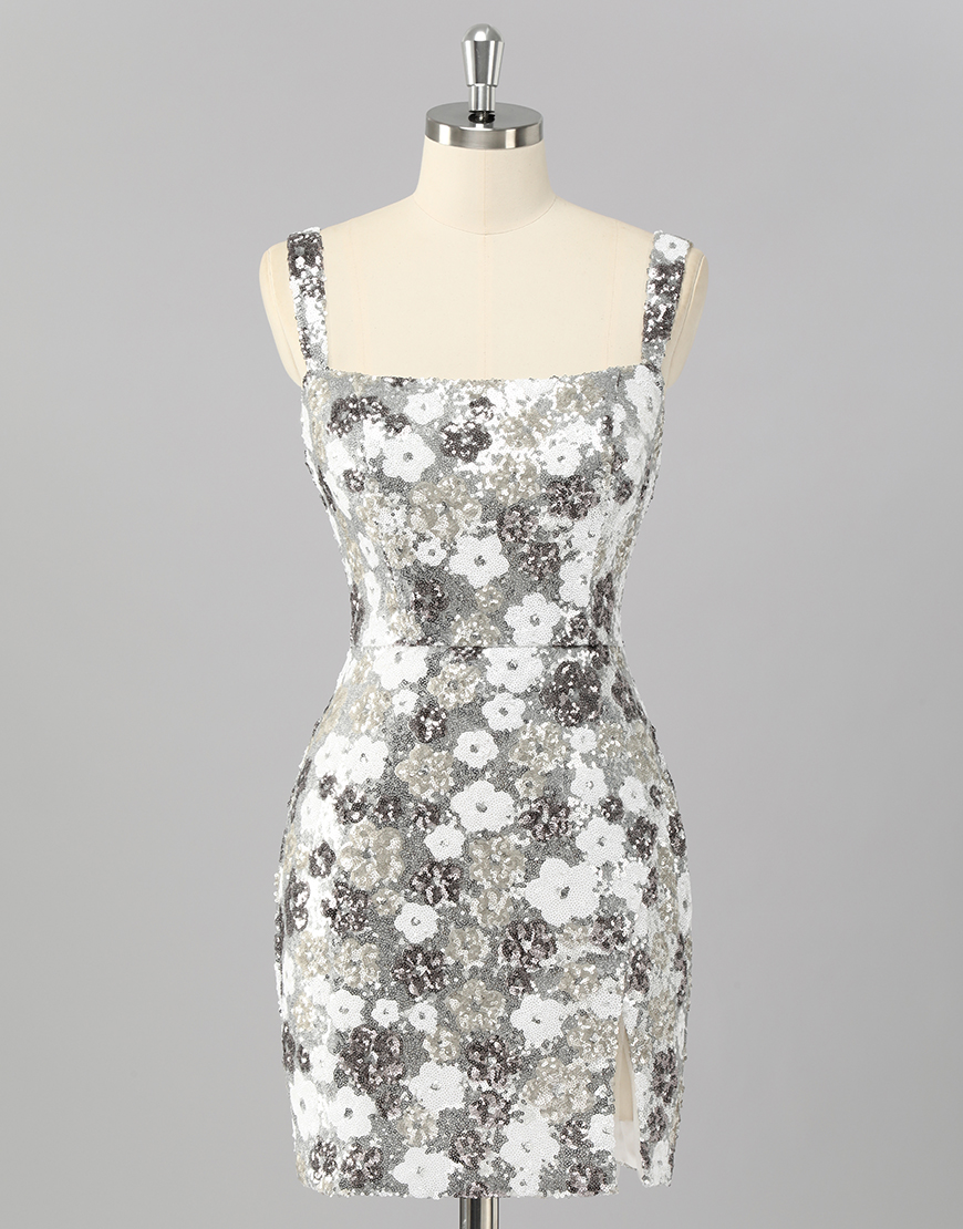 Sparkly Silver Sequins Short Tight Homecoming Dress with Slit
