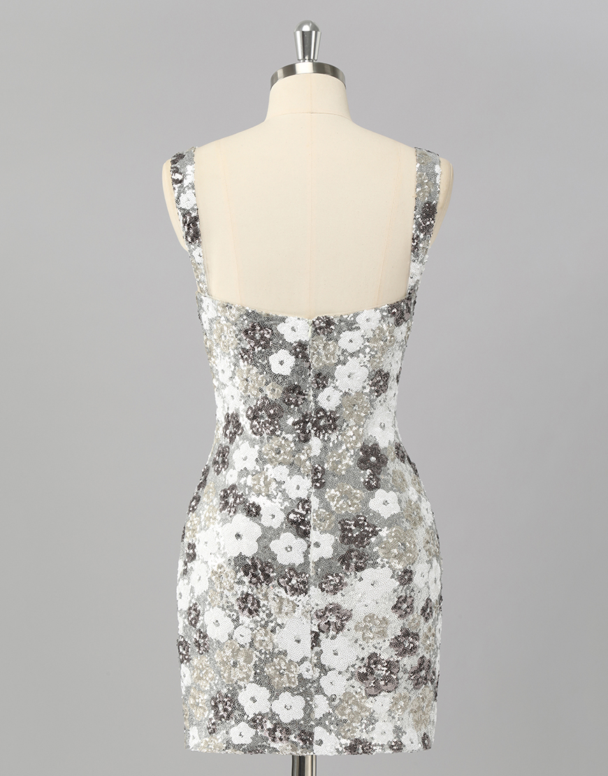 Sparkly Silver Sequins Short Tight Homecoming Dress with Slit