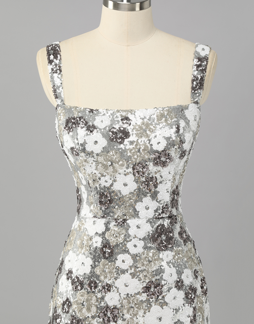 Sparkly Silver Sequins Short Tight Homecoming Dress with Slit