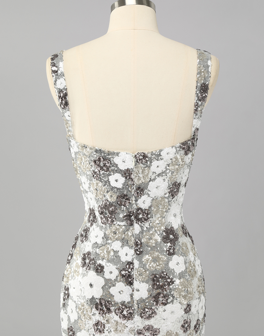 Sparkly Silver Sequins Short Tight Homecoming Dress with Slit