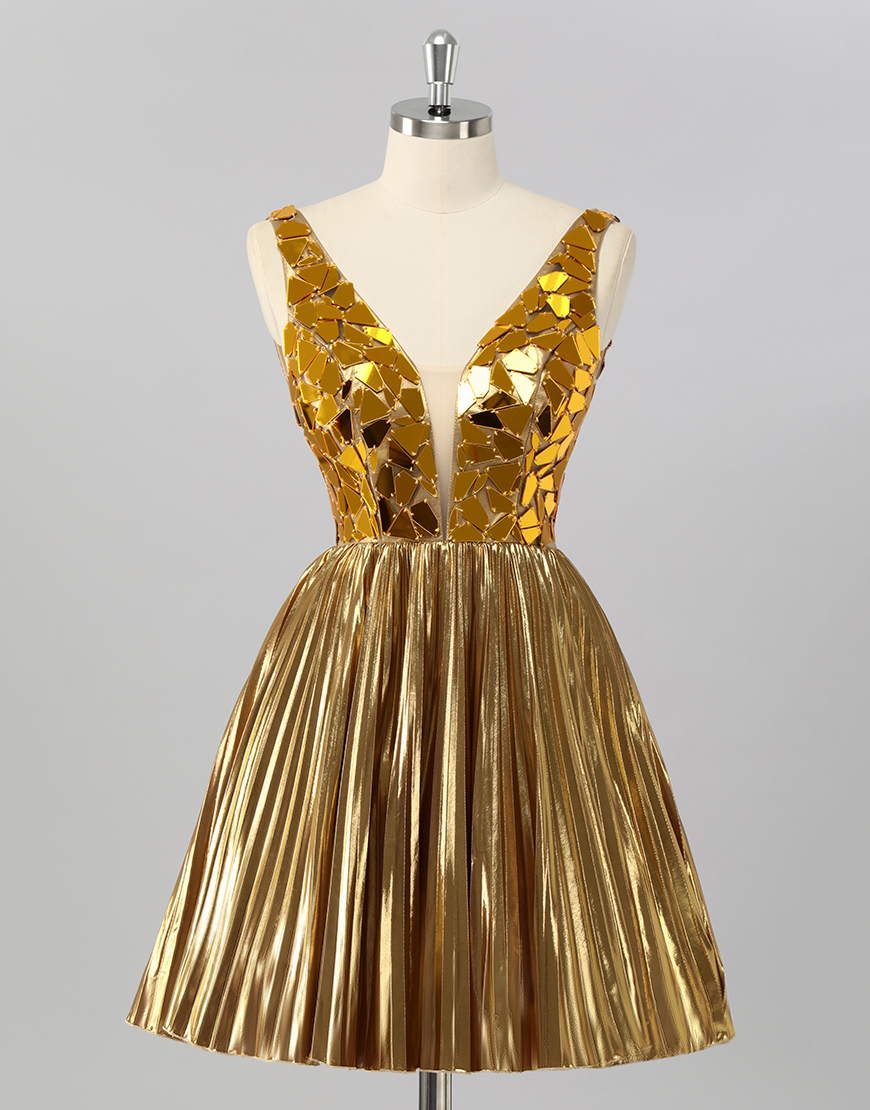 Sparkly Golden Mirror A Line Metallic Short Homecoming Dress