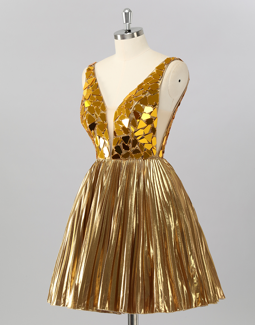 Sparkly Golden Mirror A Line Metallic Short Homecoming Dress