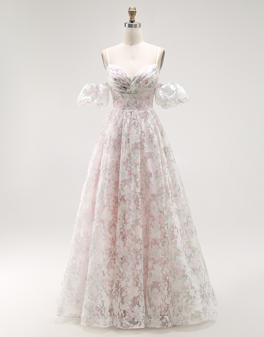 Blush Floral A Line Long Detachable Sleeves Prom Dress