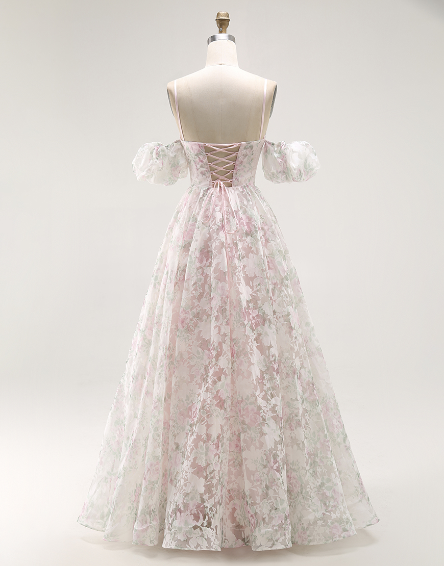 Blush Floral A Line Long Detachable Sleeves Prom Dress