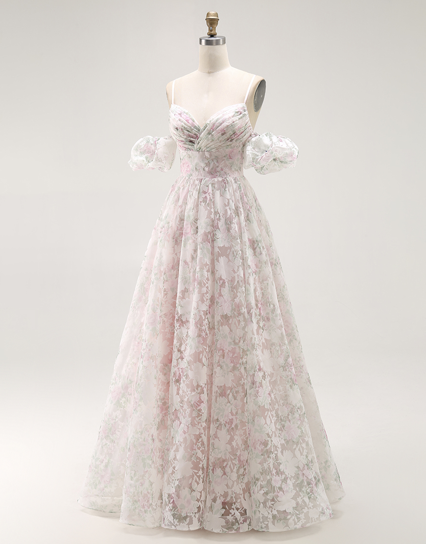 Blush Floral A Line Long Detachable Sleeves Prom Dress