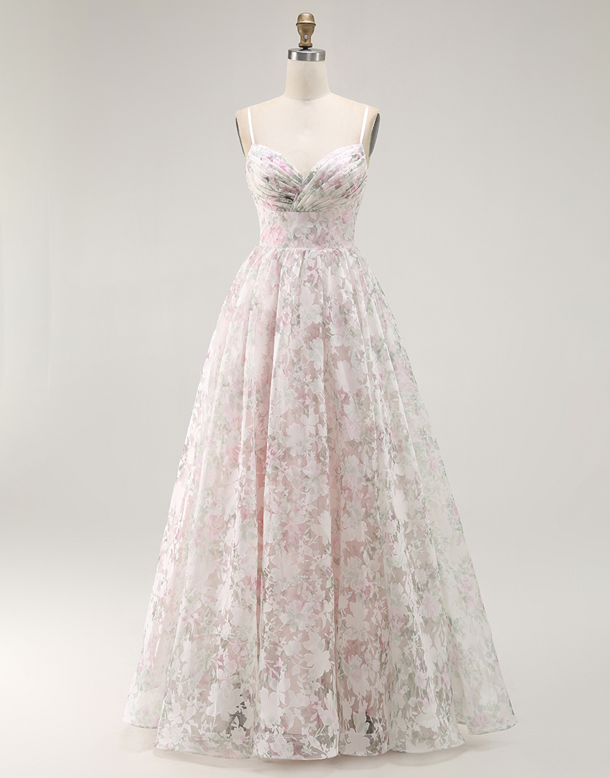 Blush Floral A Line Long Detachable Sleeves Prom Dress