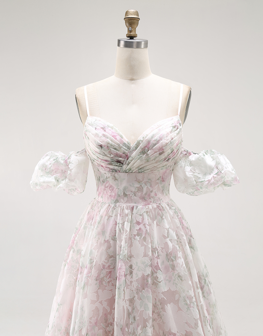 Blush Floral A Line Long Detachable Sleeves Prom Dress