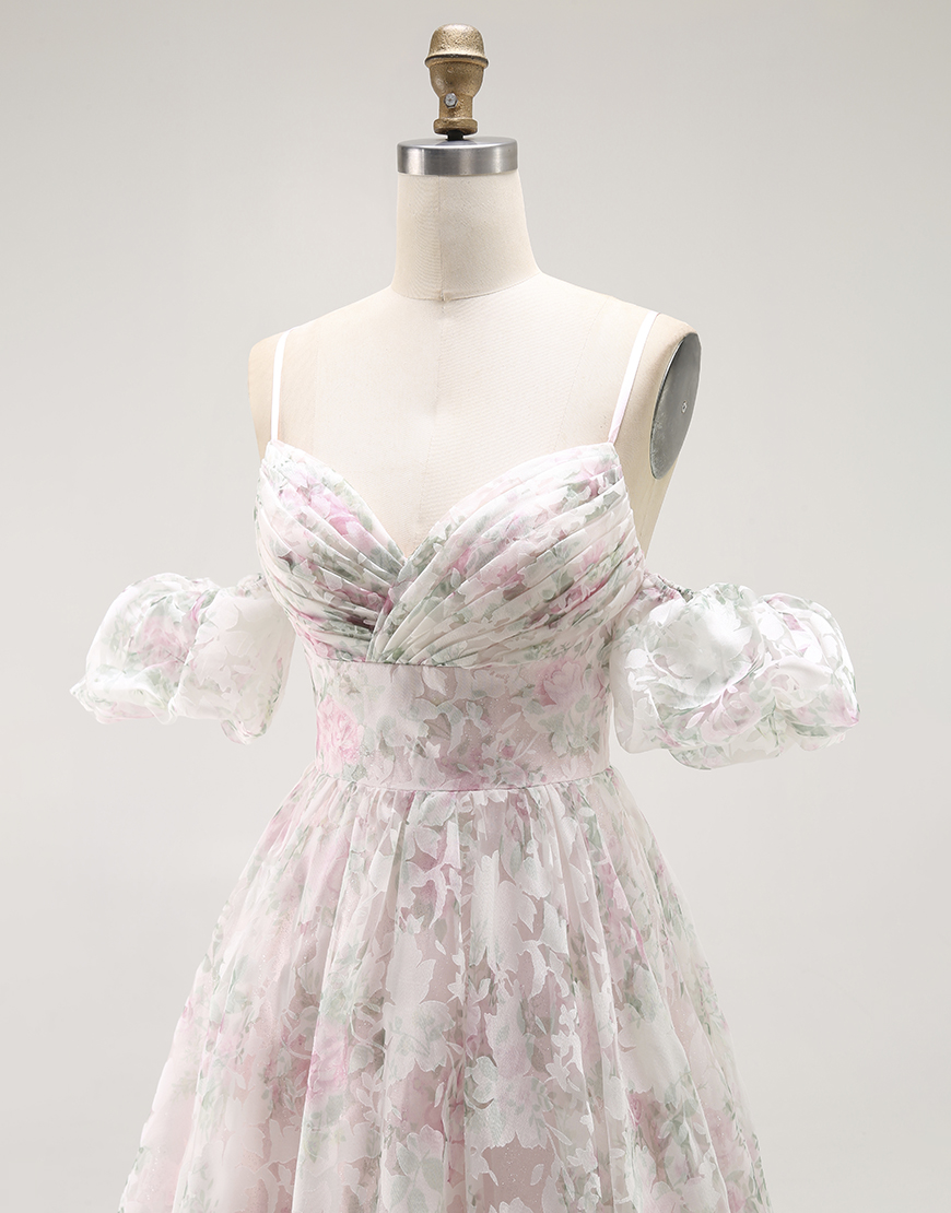 Blush Floral A Line Long Detachable Sleeves Prom Dress