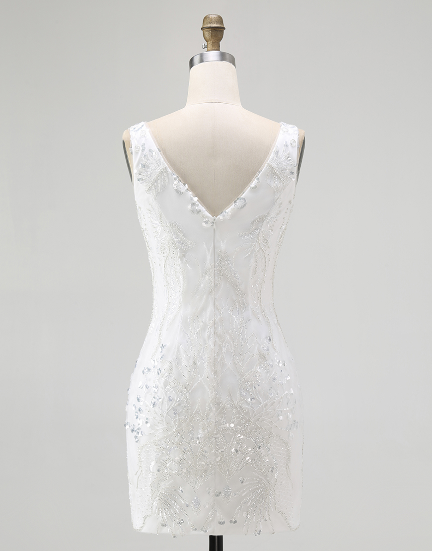 Sparkly White Short V-Neck Lace Applique Tight Homecoming Dress with Sequins