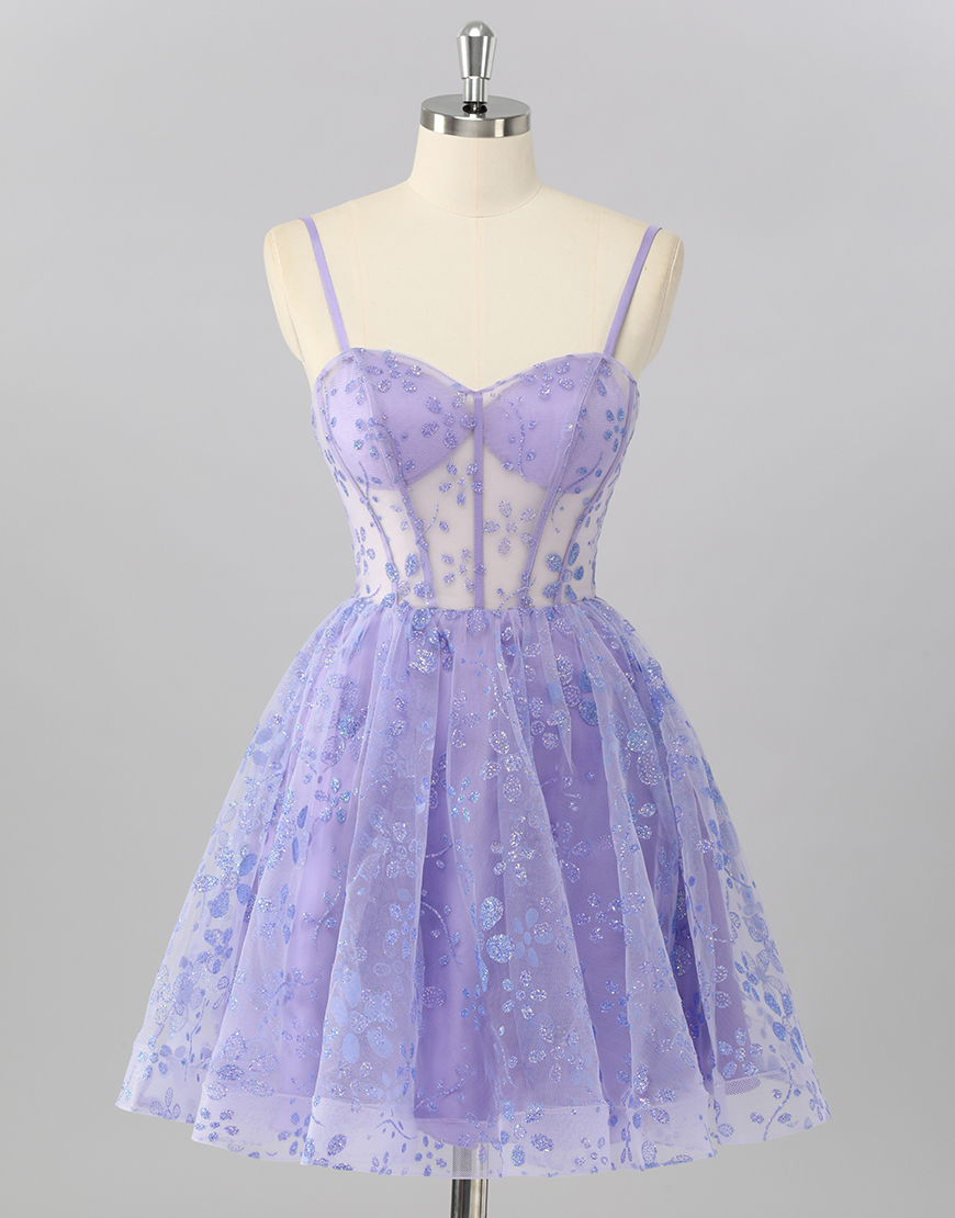 Sparkly Purple A Line Corset Floral Short Homecoming Dress