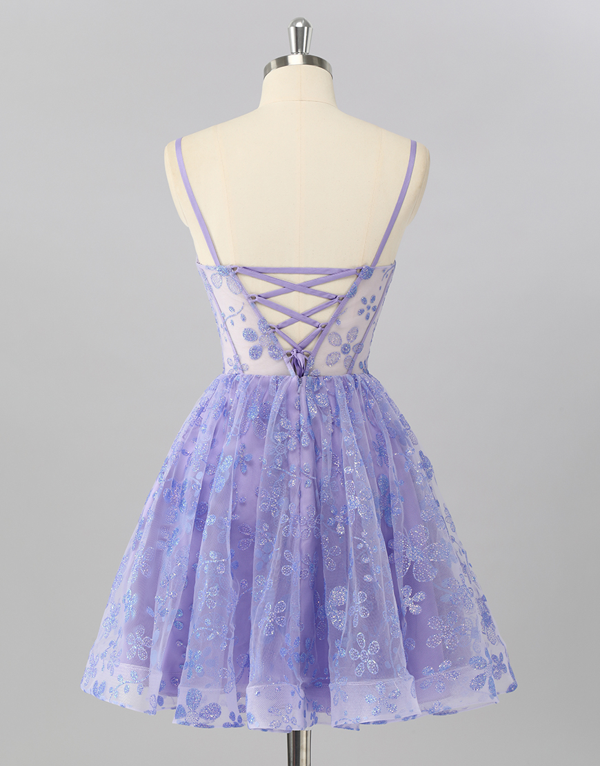 Sparkly Purple A Line Corset Floral Short Homecoming Dress