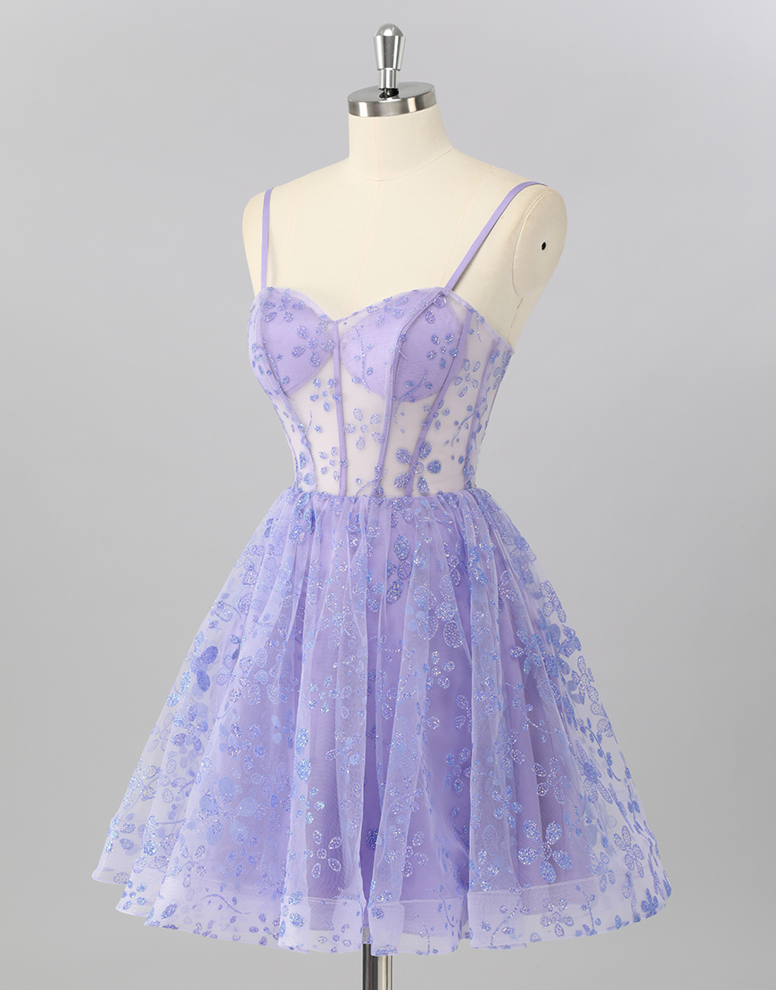 Sparkly Purple A Line Corset Floral Short Homecoming Dress
