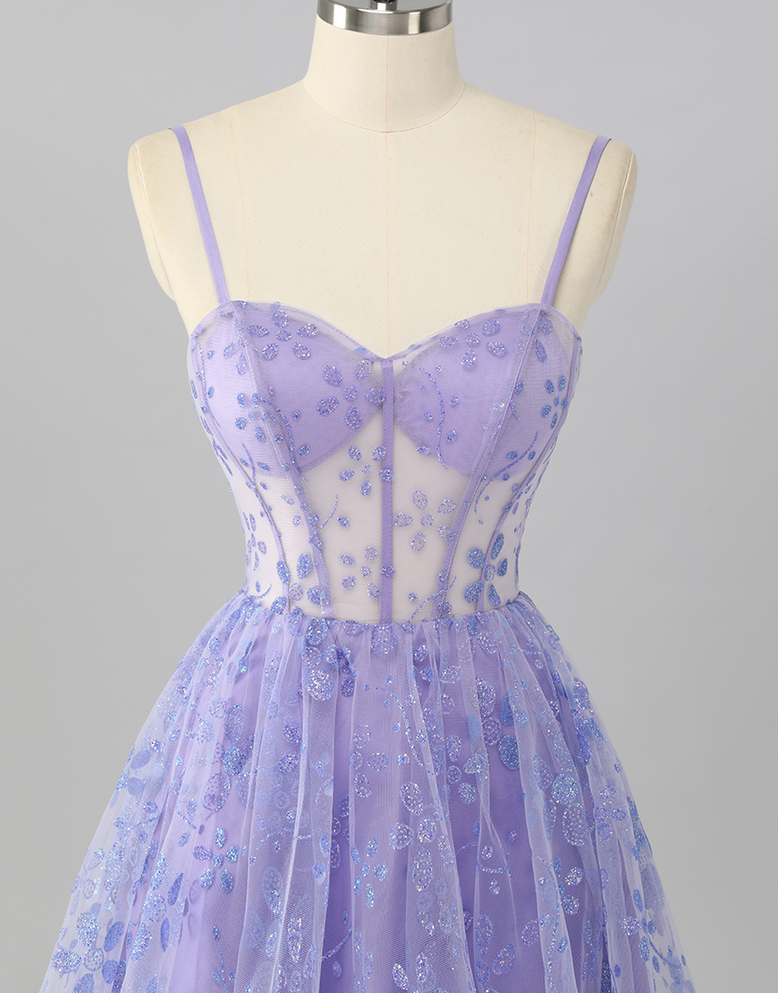 Sparkly Purple A Line Corset Floral Short Homecoming Dress