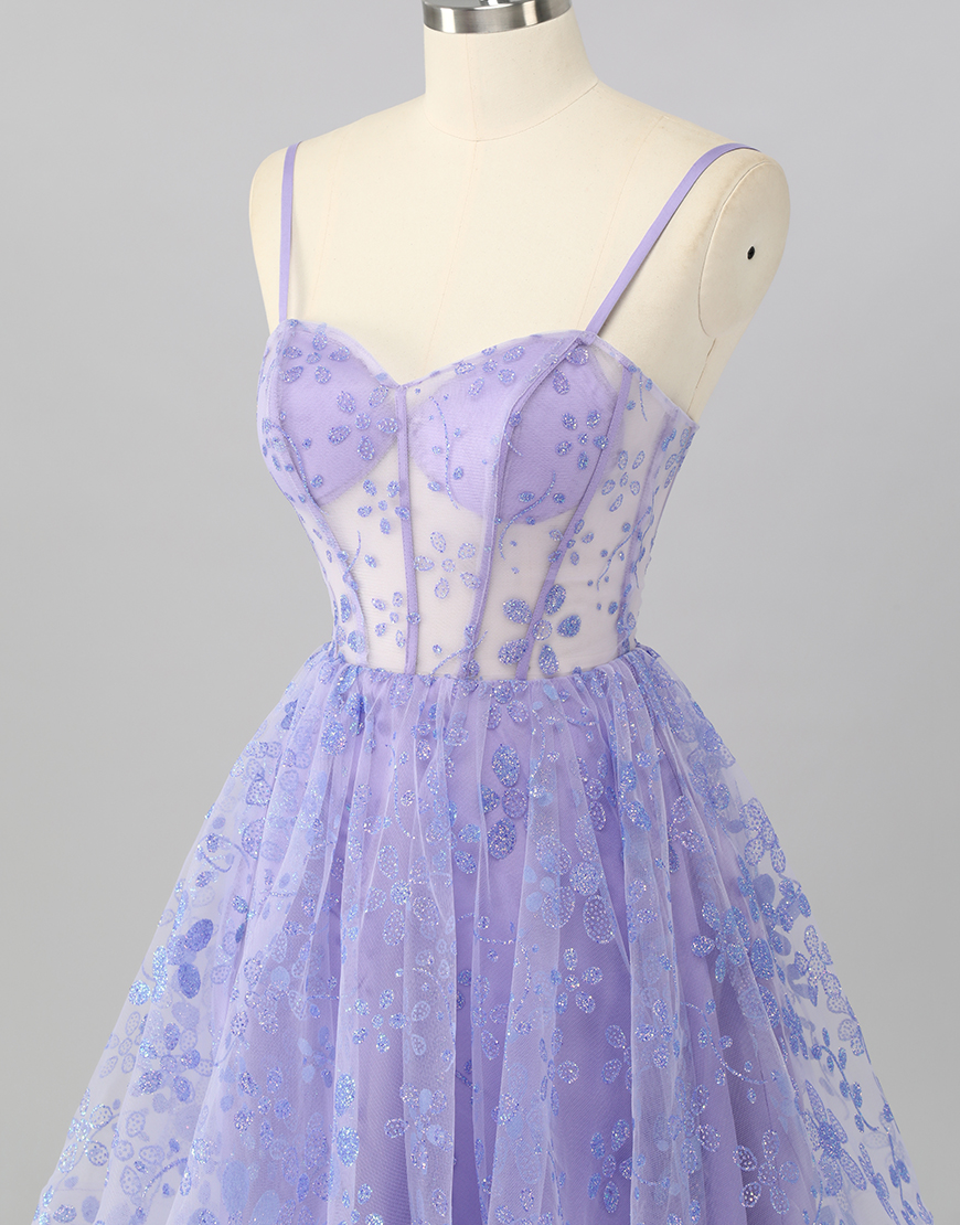 Sparkly Purple A Line Corset Floral Short Homecoming Dress