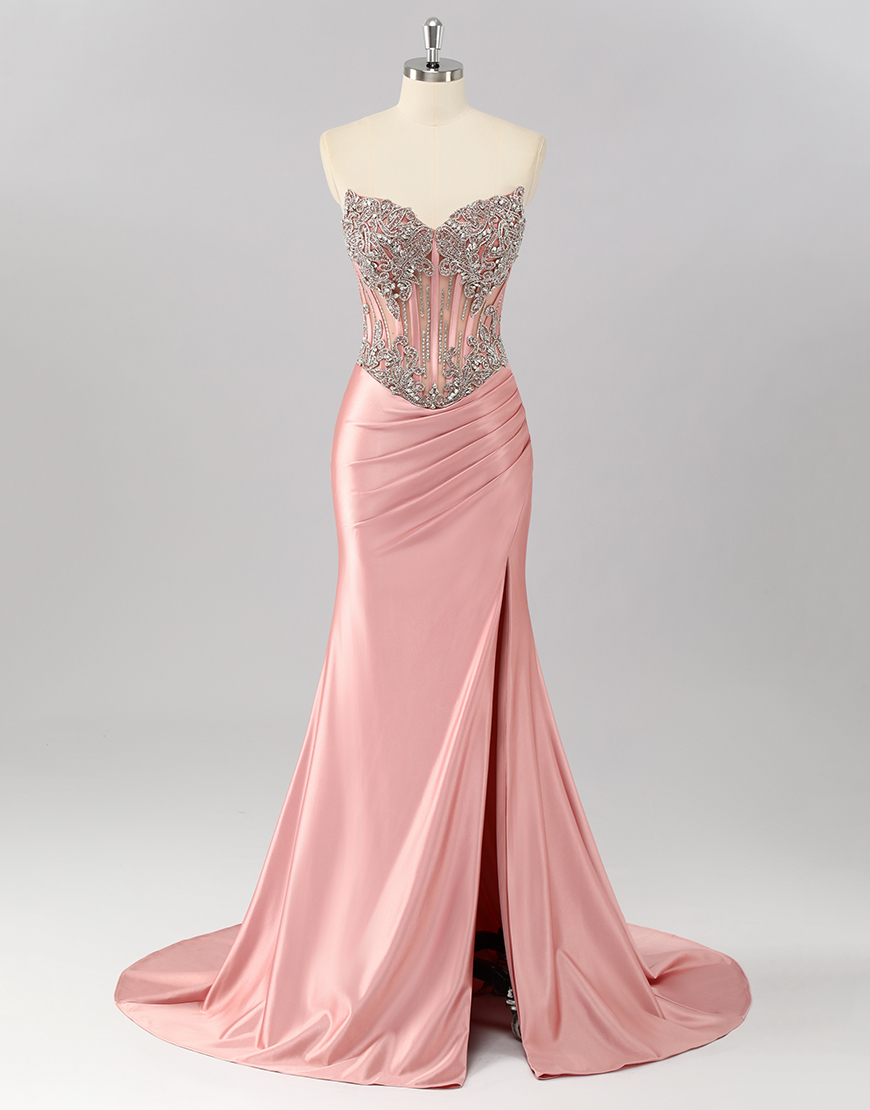 Sparkly Blush Mermaid Strapless Corset Long Prom Dress with Slit