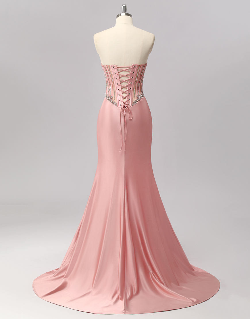 Sparkly Blush Mermaid Strapless Corset Long Prom Dress with Slit