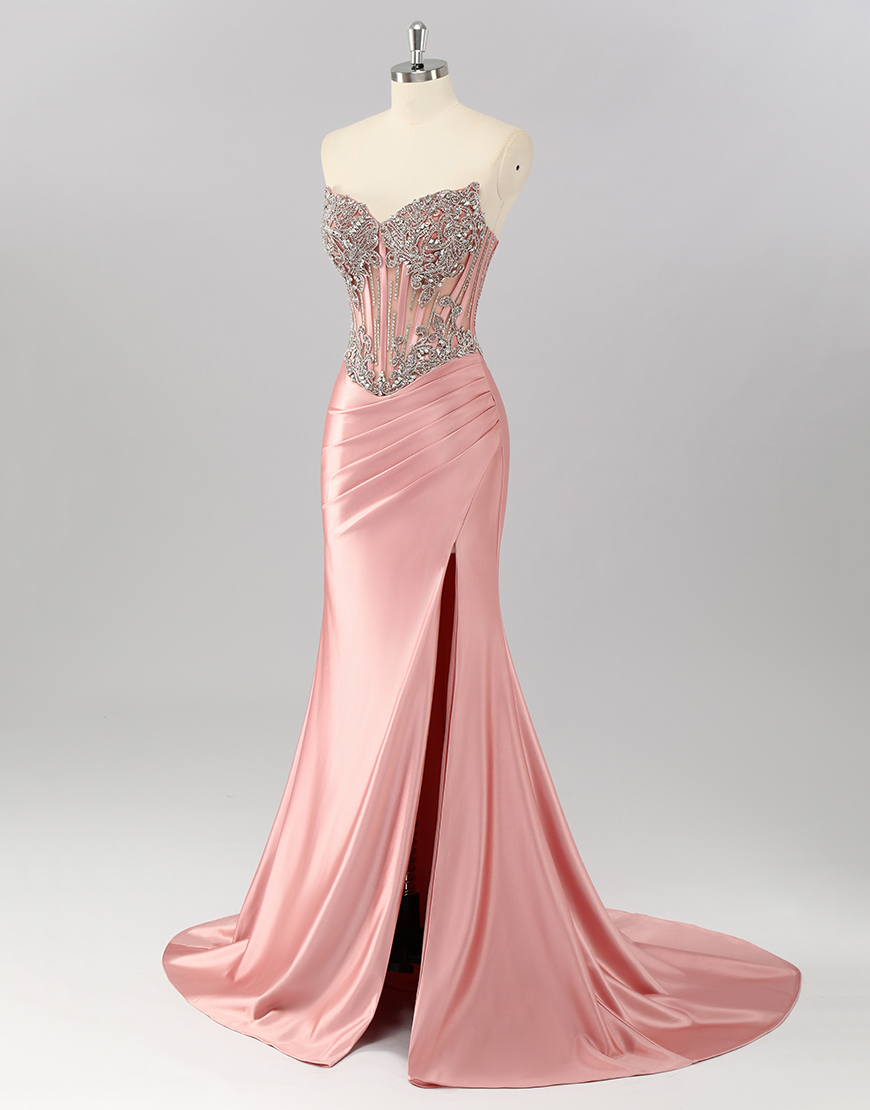 Sparkly Blush Mermaid Strapless Corset Long Prom Dress with Slit