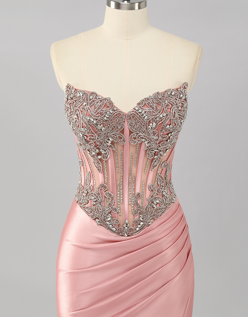 Sparkly Blush Mermaid Strapless Corset Long Prom Dress with Slit