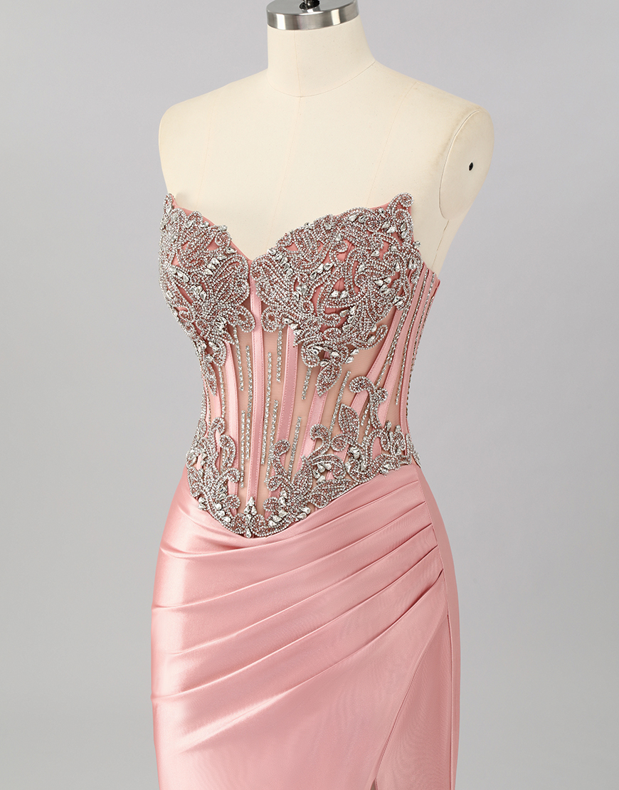 Sparkly Blush Mermaid Strapless Corset Long Prom Dress with Slit
