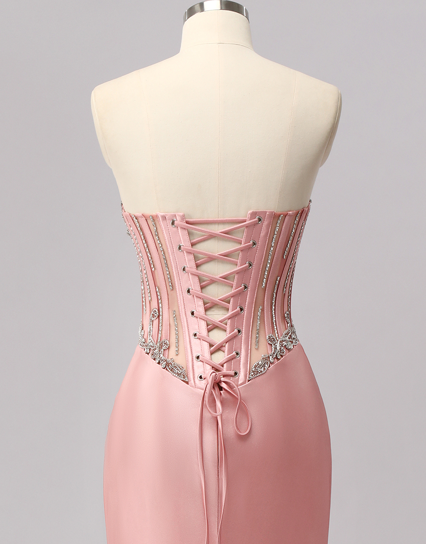 Sparkly Blush Mermaid Strapless Corset Long Prom Dress with Slit