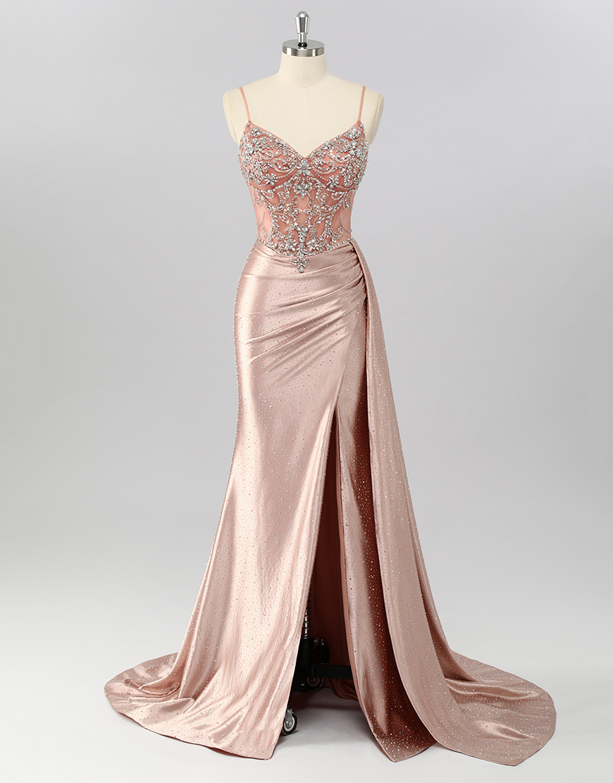 Sparkly Blush Mermaid Beaded Corset Long Prom Dress with Slit