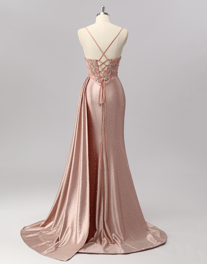 Sparkly Blush Mermaid Beaded Corset Long Prom Dress with Slit