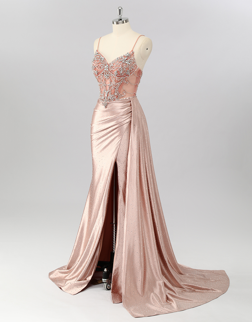 Sparkly Blush Mermaid Beaded Corset Long Prom Dress with Slit