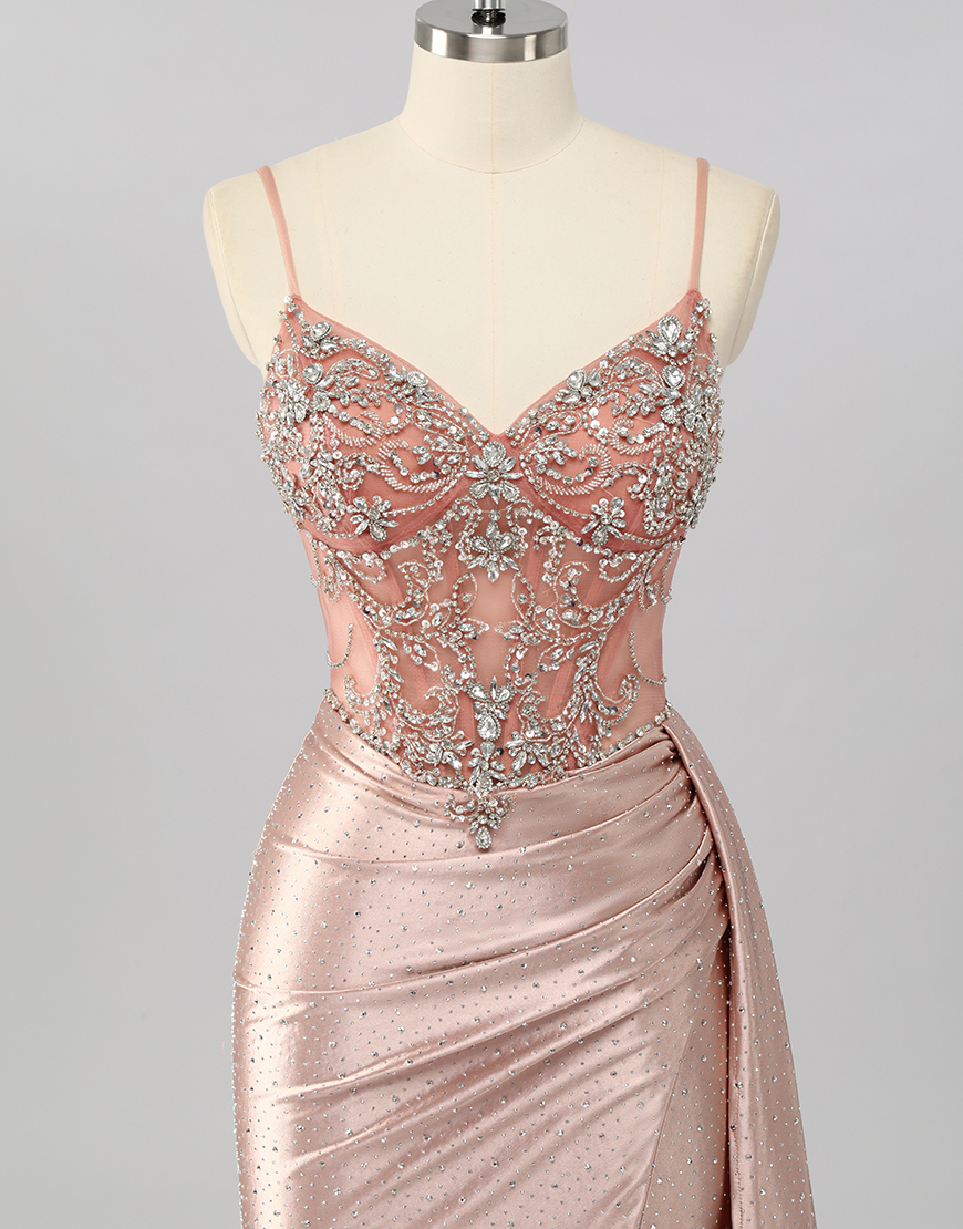 Sparkly Blush Mermaid Beaded Corset Long Prom Dress with Slit