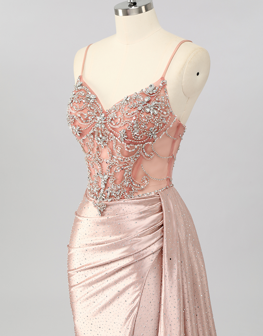 Sparkly Blush Mermaid Beaded Corset Long Prom Dress with Slit