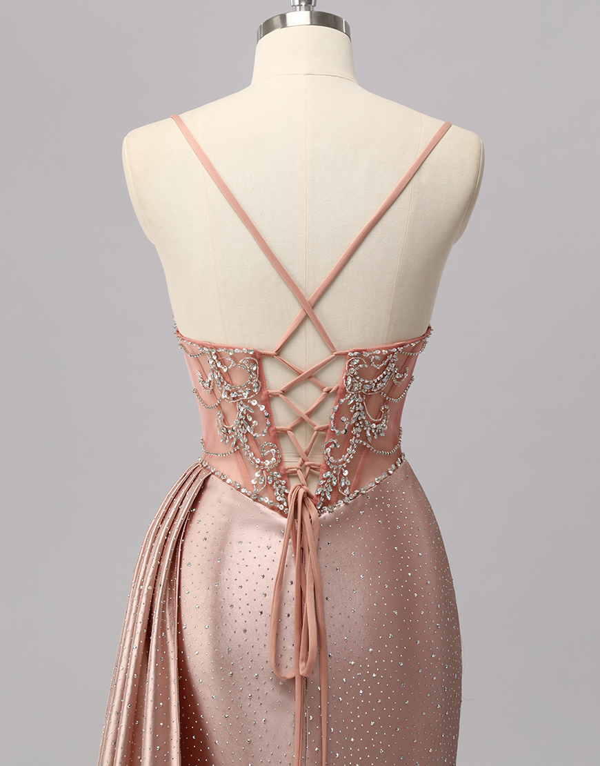 Sparkly Blush Mermaid Beaded Corset Long Prom Dress with Slit