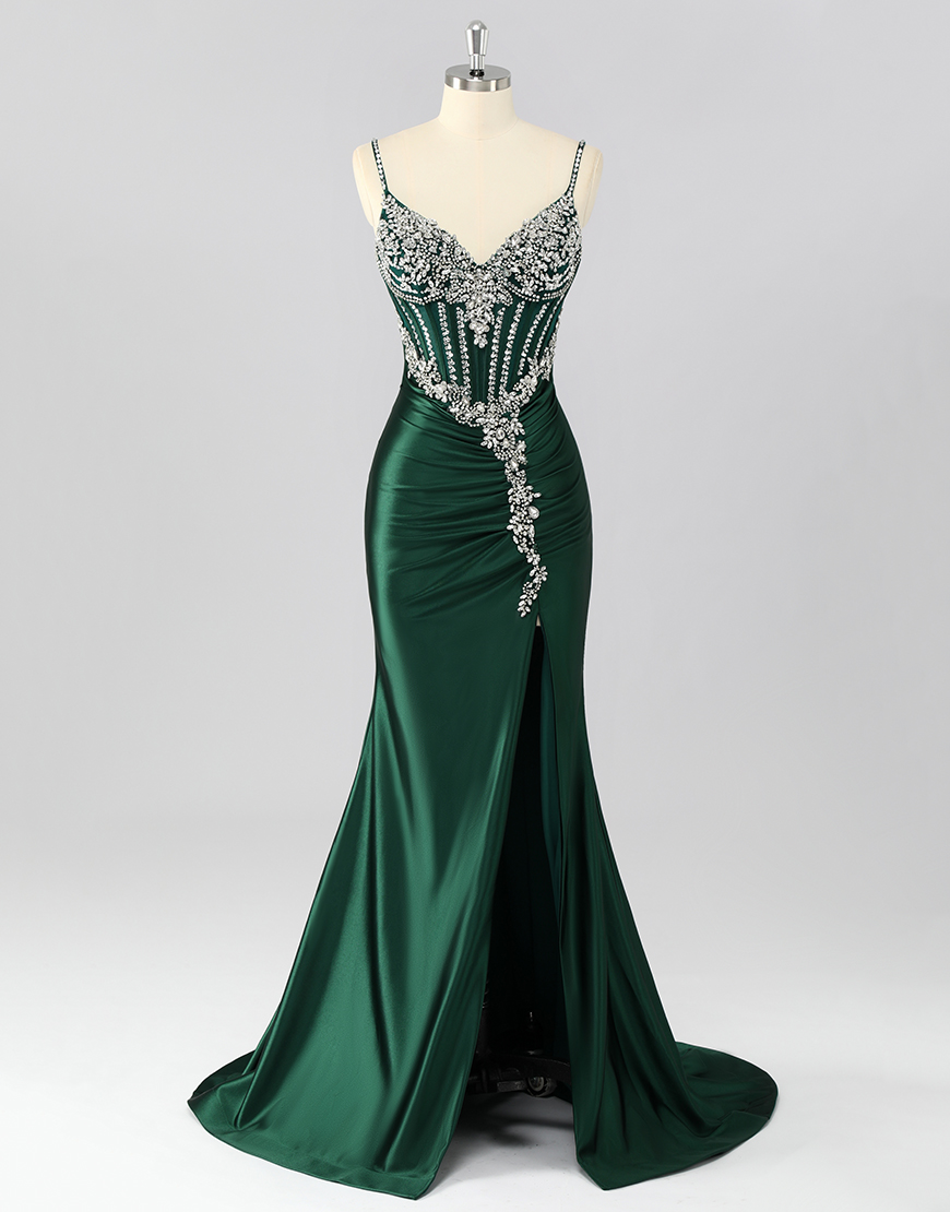 Berlinnova Women Sparkly Dark Green Long Corset Prom Dress with Beading Mermaid Satin Spaghetti Straps Lace Up Back Formal Dress with Slit