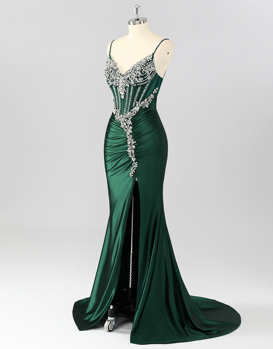 Sparkly Dark Green Mermaid Long Corset Prom Dress with Beading
