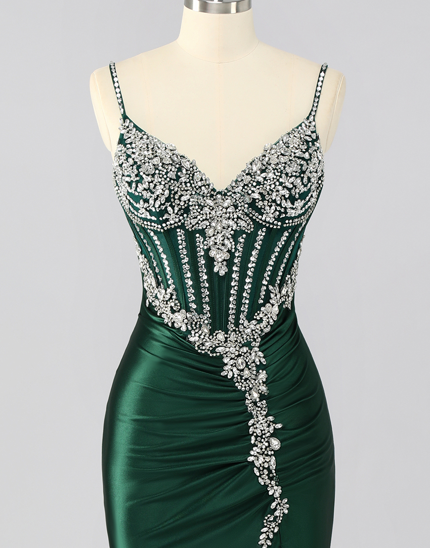 Sparkly Dark Green Mermaid Long Corset Prom Dress with Beading