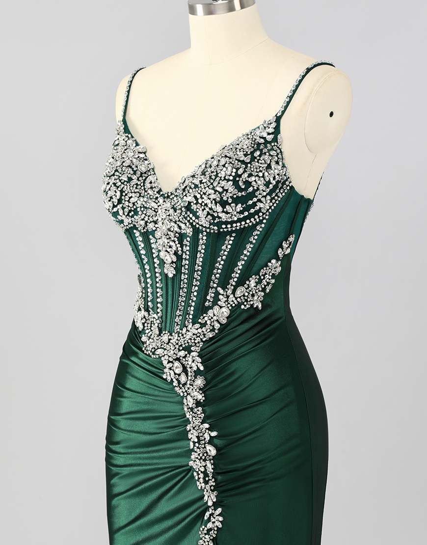Sparkly Dark Green Mermaid Long Corset Prom Dress with Beading