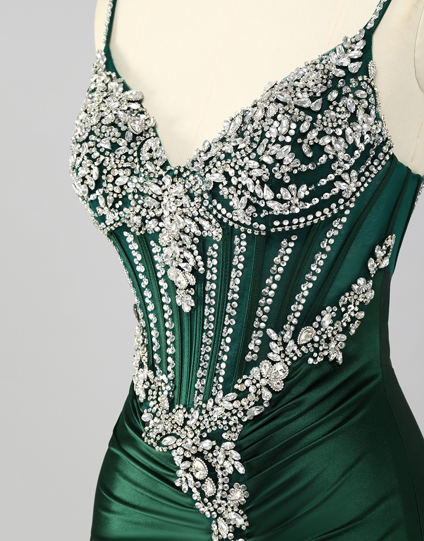Sparkly Dark Green Mermaid Long Corset Prom Dress with Beading