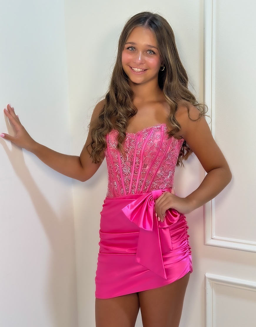 Sparkly Fuchsia Strapless Tight Short Satin Corset Homecoming Dress with Lace