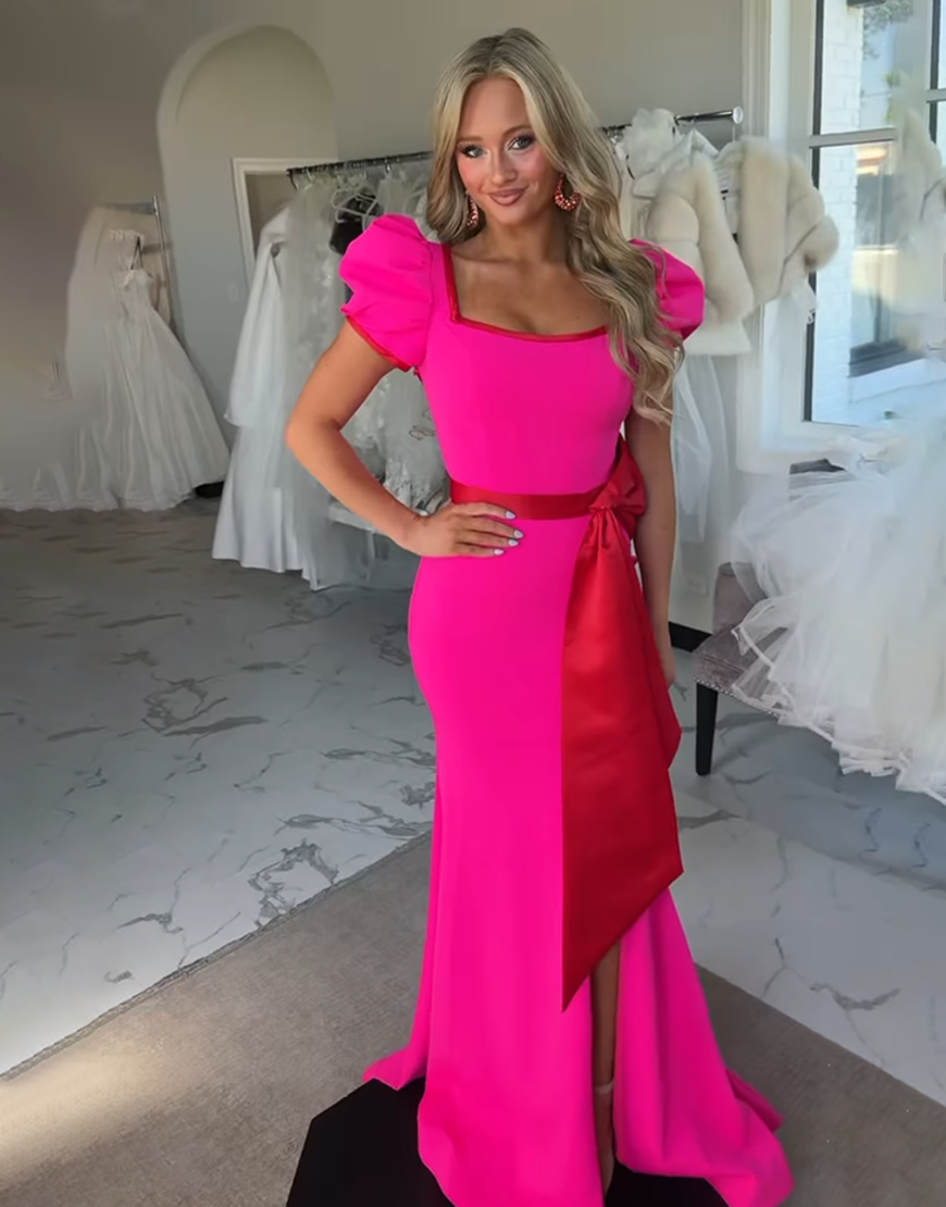 Fuchsia Mermaid Square Neck Puff Sleeves Long Prom Dress with Bow