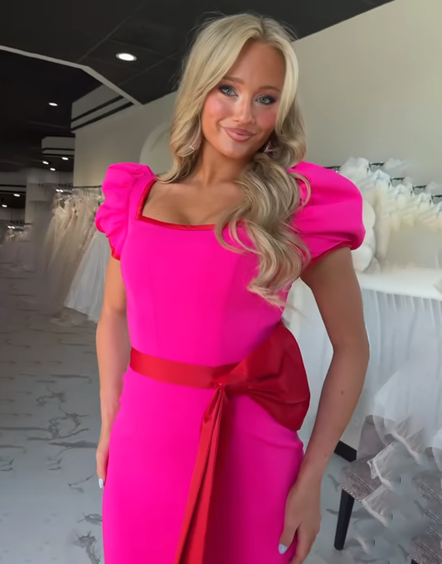Fuchsia Mermaid Square Neck Puff Sleeves Long Prom Dress with Bow