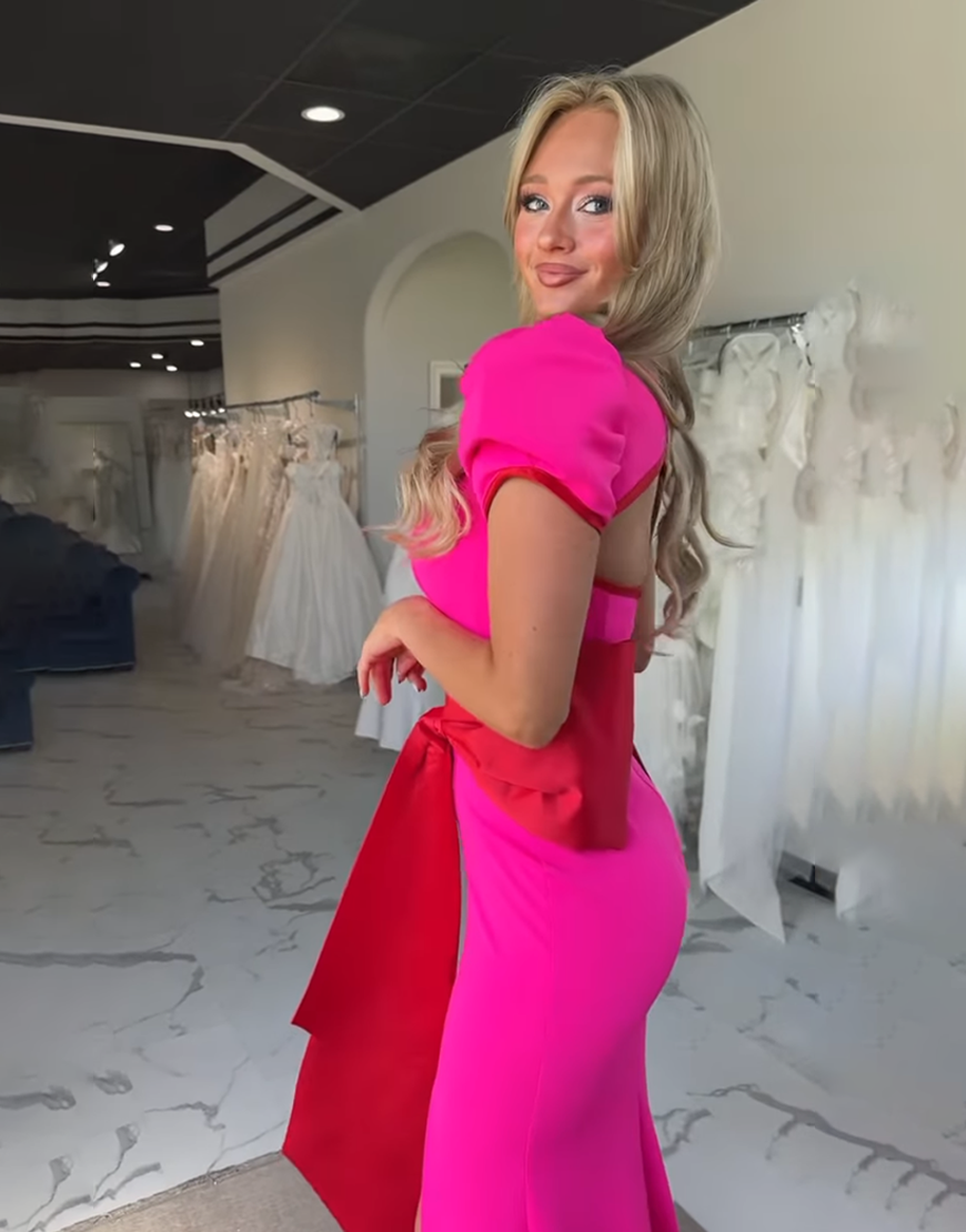 Fuchsia Mermaid Square Neck Puff Sleeves Long Prom Dress with Bow