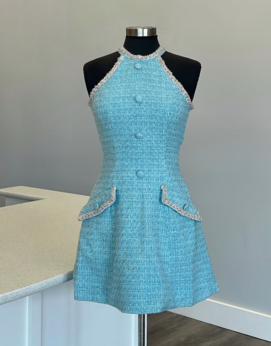 Blue A-Line Halter Tweed Short Homecoming Dress with Pockets