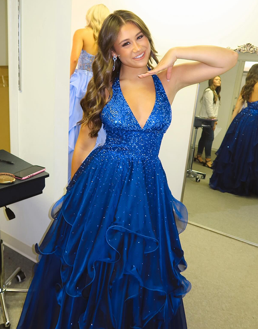 Berlinnova Women Sparkly Royal Blue Long Ruffled Prom Dress with Beading Halter Princess A Line Tiered Pageant Dress