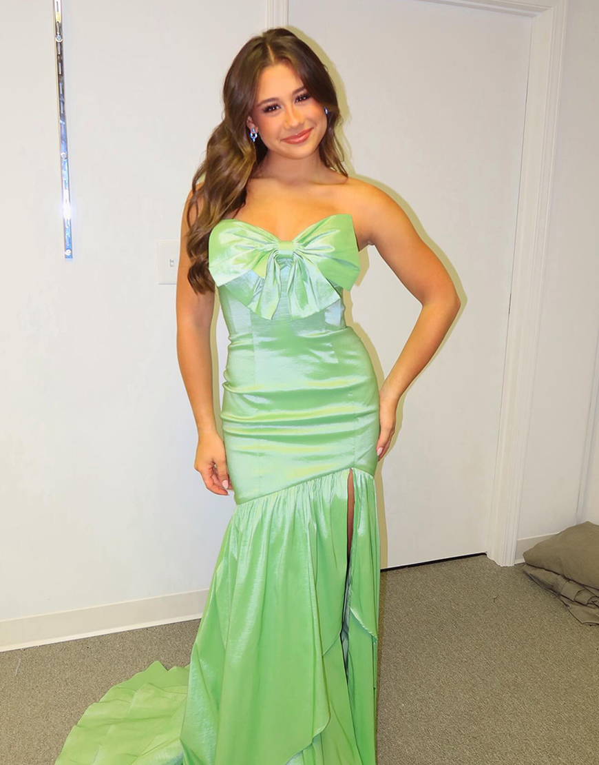 Green Strapless Mermaid Long Satin Prom Dress with Bow