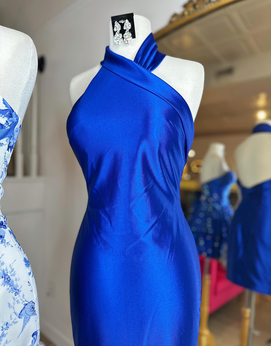 Black Halter Backless Tight Short Satin Homecoming Dress