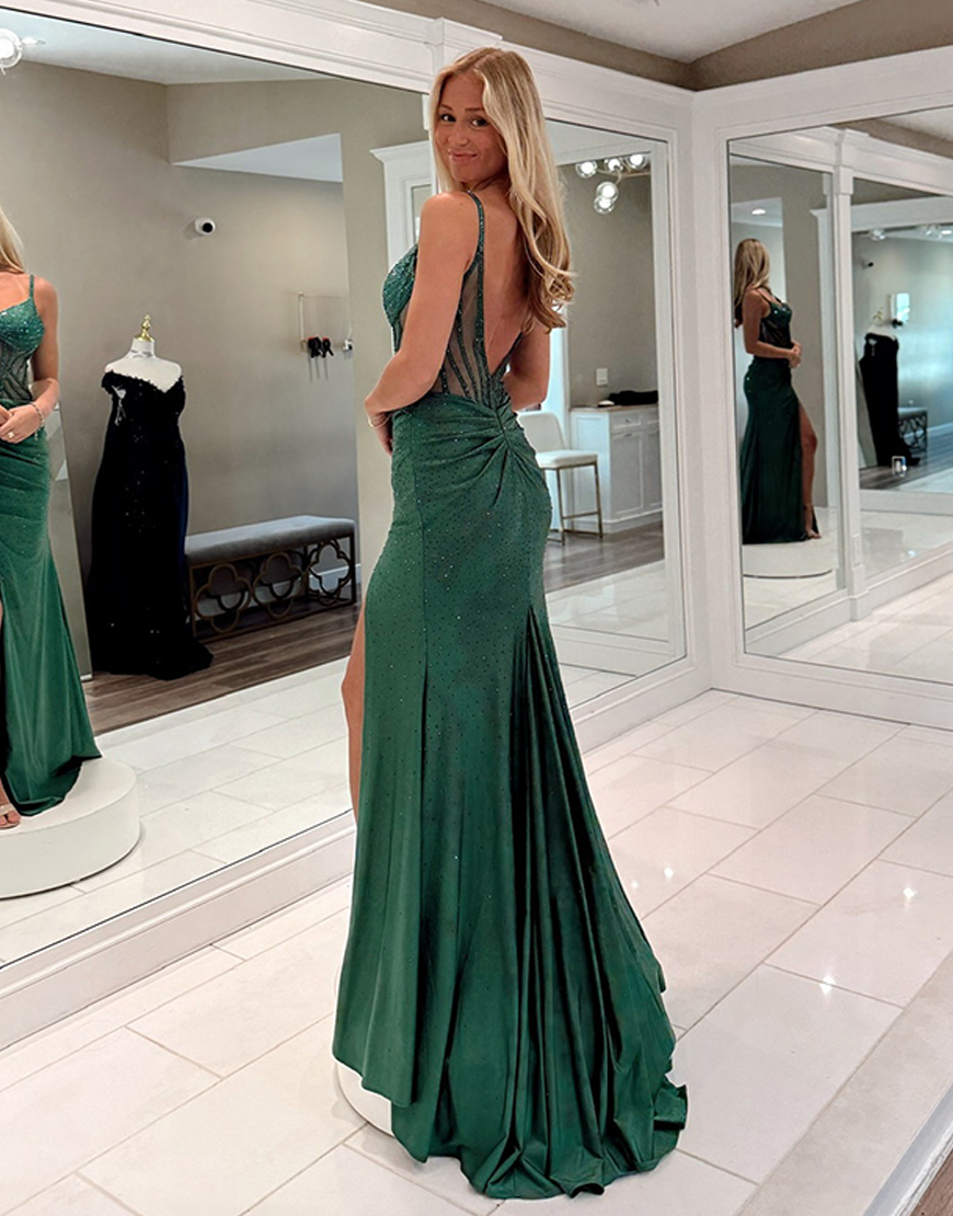 Sparkly Dark Green Spaghetti Straps Mermaid Long Corset Satin Prom Dress with Beading