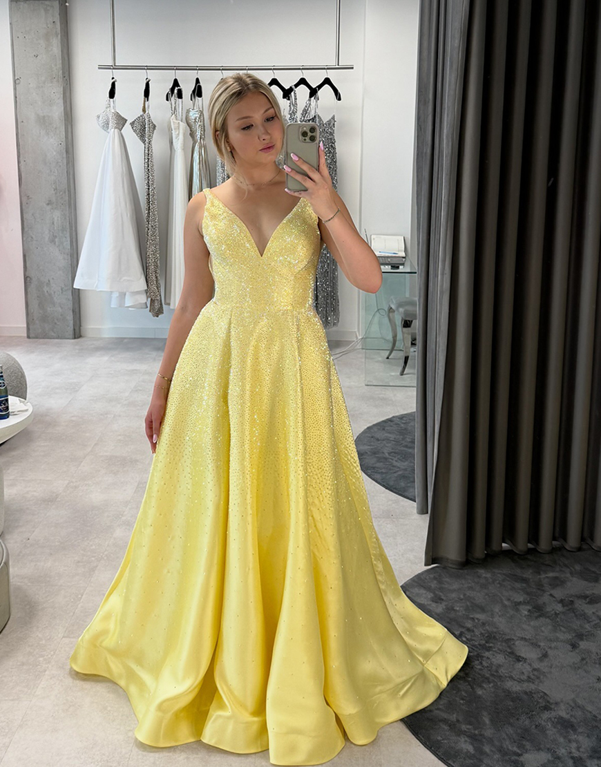 Sparkly Yellow V-Neck A-Line Satin Long Prom Dress with Beading