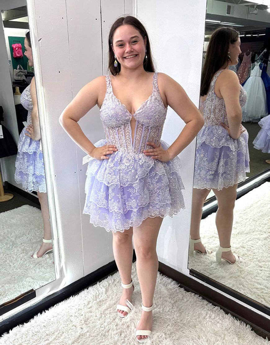 Lilac Thick Straps A-Line Lace Ruffled Corset Short Homecoming Dress