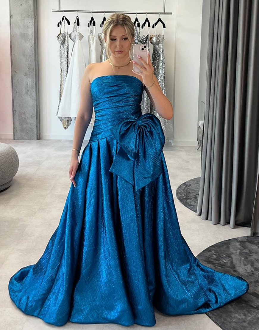Sparkly Blue A-Line Metallic Strapless Long Prom Dress with Bow