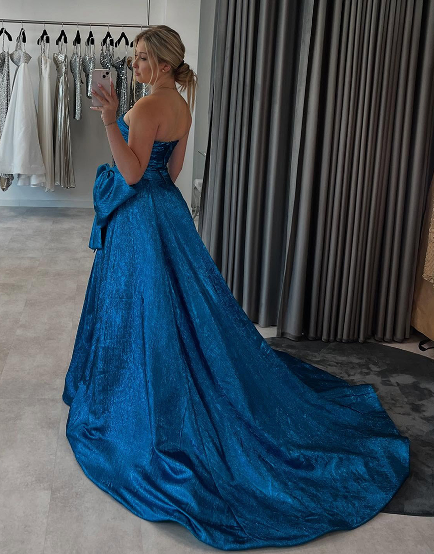 Sparkly Blue A-Line Metallic Strapless Long Prom Dress with Bow